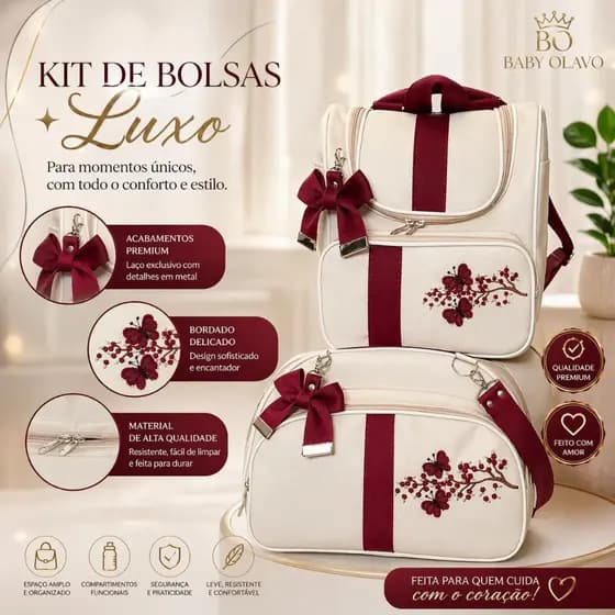 Kit Bolsa Maternidade 02 Peças Grande Bebê Prática e Moderna Enxoval Mamãe - Bordô