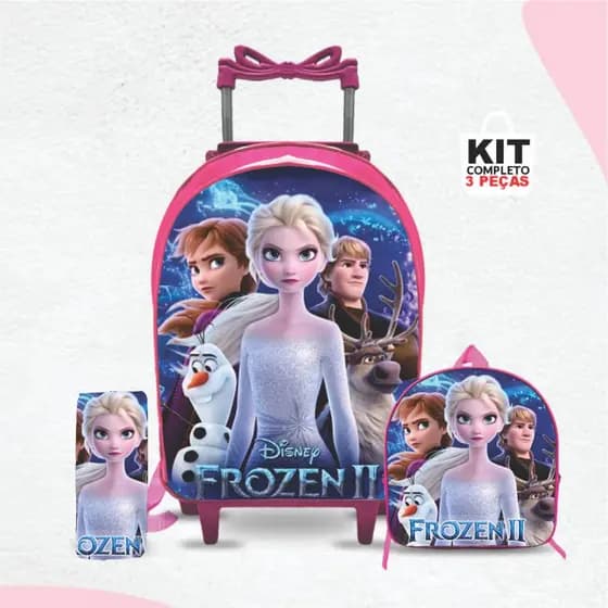 kit mochila escolar Frozem com lancheira e Estojo - Carrinho com Rodinhas - Menina - Feminino