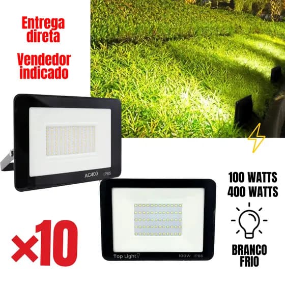 Kit 10 Refletor Projetor 100w 400w Led Branco Frio6500K Bivolt Slim Holofote Iluminação Exterior