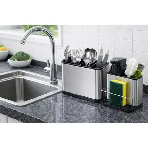 Porta Talheres Escorredor Organizador Aço Inox Vazado Pia Cozinha Portatil Suporte Talheres/ Porta Detergente Esponja