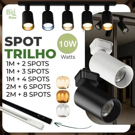 Trilho Spot LED para trilho eletrificado + Trilho + Conector Tubinho Preto e Branco 10W Bivolt
