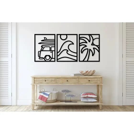 Trio de Quadros Decorativos Tema Praia – Arte Minimalista em MDF com Kombi, Ondas e Coqueiro para Sala e Área Gourmet