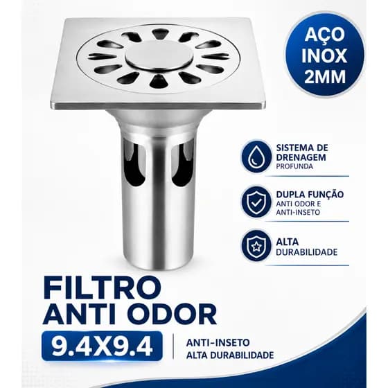 Ralo Banheiro Inox Vedação 9.4x9.4cm Anti- Odor Inseto Entupimento Quadrado Filtro