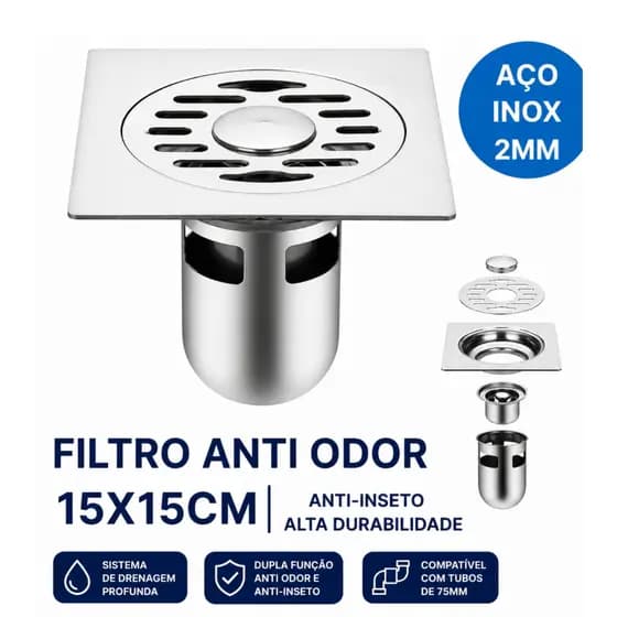 Ralo Banheiro Lavanderia Aço Inoxidável Forma Quadrada Neutralizador De Odores 15x15cm
