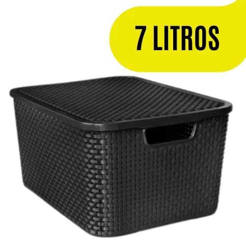 Caixa Organizadora Rattan 7L preta com tampa Arqplast