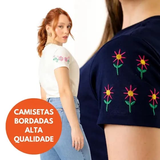 Camiseta Feminina T-Shirt Bordada na Manga Algodão Fio 30