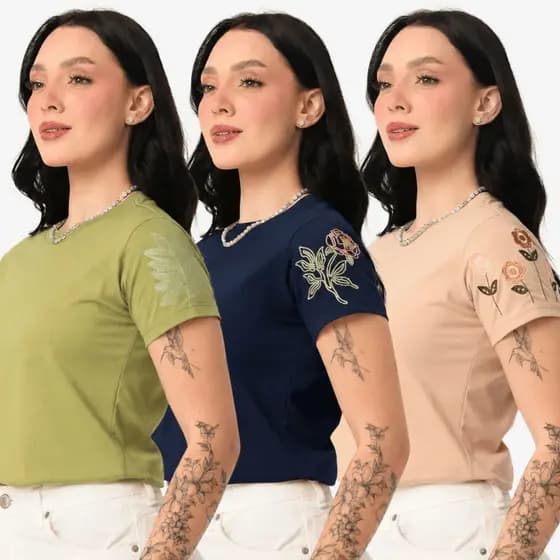 Blusa Feminina Manga Bordada Flores Camiseta Algodão Fio 30.1 Moda Elegante Estilosa