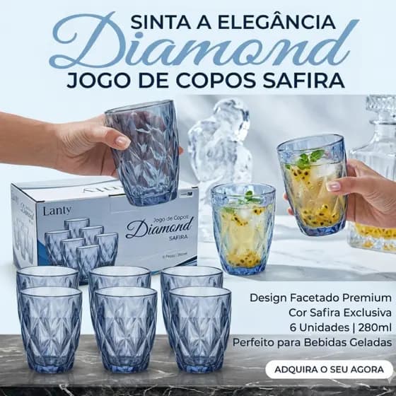 Jogo 6 Copos Baixos Diamond 280ml Vidro Grosso Diamante Luxo