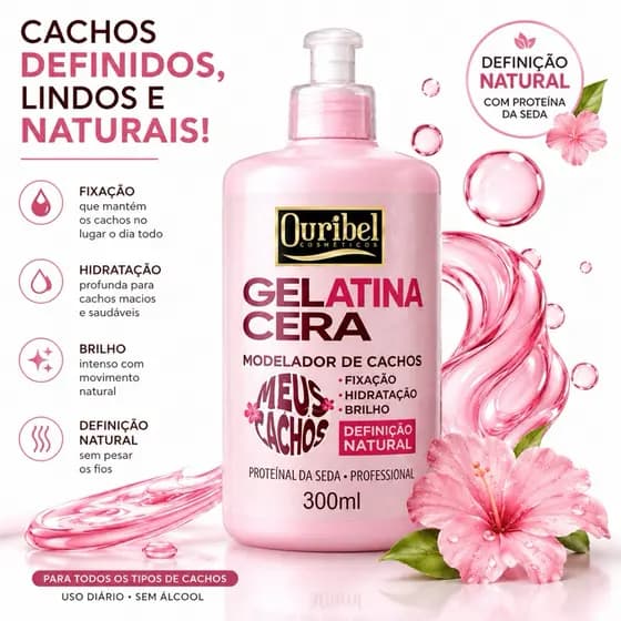 Gelatina Cera Ouribel Meus Cachos 300ml Modelador de Cachos com Proteína da Seda Definição Natural, Fixação, Hidratação