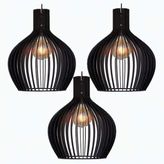 Kit 3 Luminaria Pendente Elegante Lustre Grande De Madeira Preto Sala, Jantar Varanda - 3 gmp/ sf