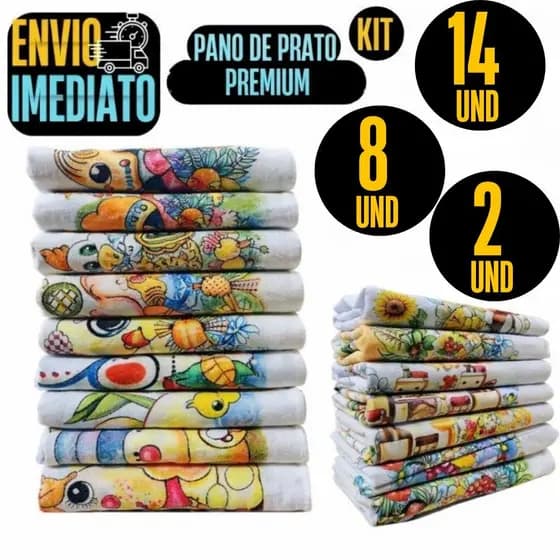 Kit Com 14 ou 8 ou 2 Pano De Prato Estampado Com Bainha 100% Algodão Premium Qualidade