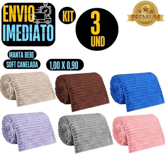 Kit com 3 Manta Bebe Infantil Cobertor Para Bebe Antialérgico Soft Canelada ou Liso 0,90 x 1m GR177