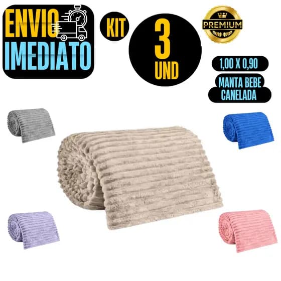 Kit De 3 Manta Bebe Canelado ou Liso Soft Infantil Cobertor Canelado Para Bebe Antialérgico 0,90 x 1m Premium GR180