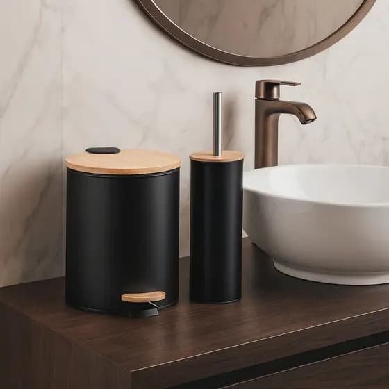 Kit Banheiro Conjunto 2 Peças Lixeira com Tampa De Bambu Lavabo Escova Sanitária