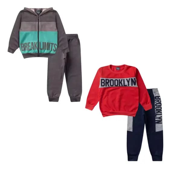 Conjunto de Inverno Menino 4 Peças 2 Conjuntos Blusas c/ ou s/ Capuz e Zíper e Calças