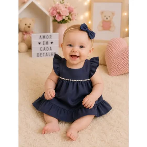 Vestido Princesa com Pérolas ou Laço Fofo RN ao 6 Meses Elegante para Batizado Festa e Mesversário