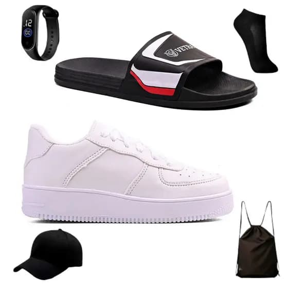 Kit de Tênis Infantil Casual Dia a Dia +Chinelo Infantil Macio e Leve+ Relógio +Boné +Meia e Mochila