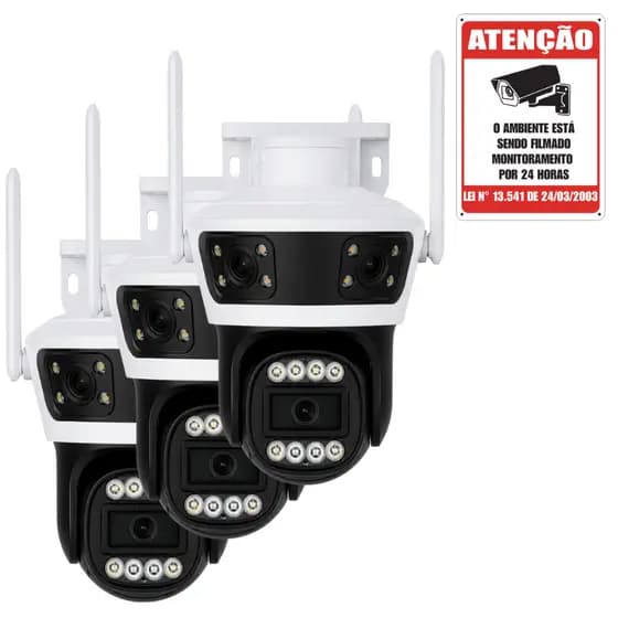 Kit 3 Câmeras IP Wi-Fi Externa 6MP 3 Lentes PTZ Visão Noturna Áudio e Rastreamento 355° IP66