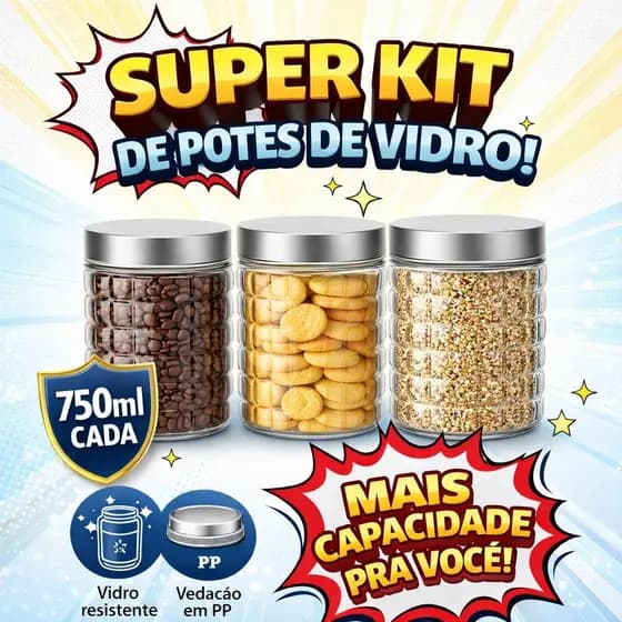 Kit 3 Potes Vidro 750ml Hermético Tampa Vedação PP Mantimentos Cozinha Organizador