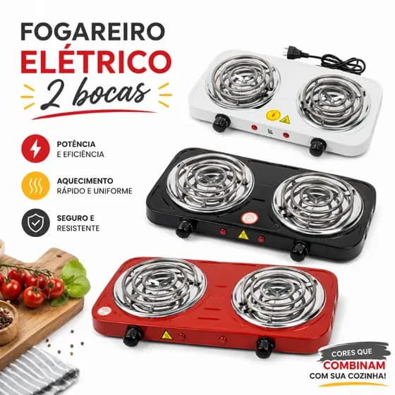 Fogareiro Elétrico 2 Bocas 110V Portátil Fogão Elétrico de Mesa