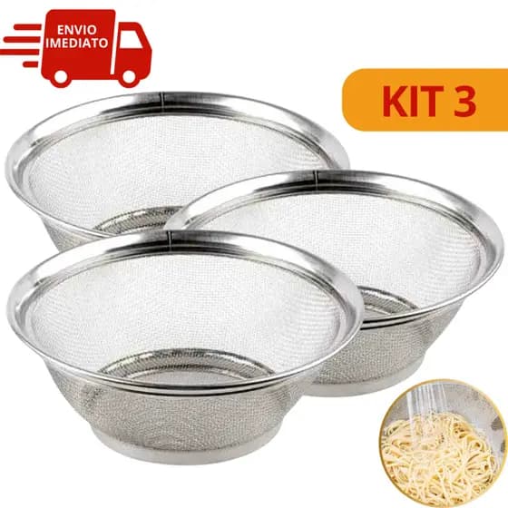 Kit 3 Cestas em Inox Escorredor Multiuso 22cm Cozinha Escorredor de Macarrão Legumes Arroz Fruteira