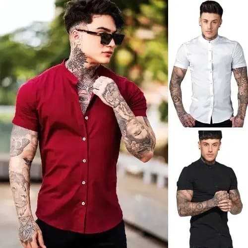 Camisa Social Gola Padre Masculina Manga Curta