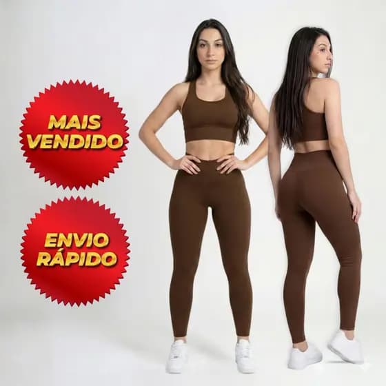 Conjunto feminino Fitness Top + Calça Legging Poliamida Zero Transparência para Academia