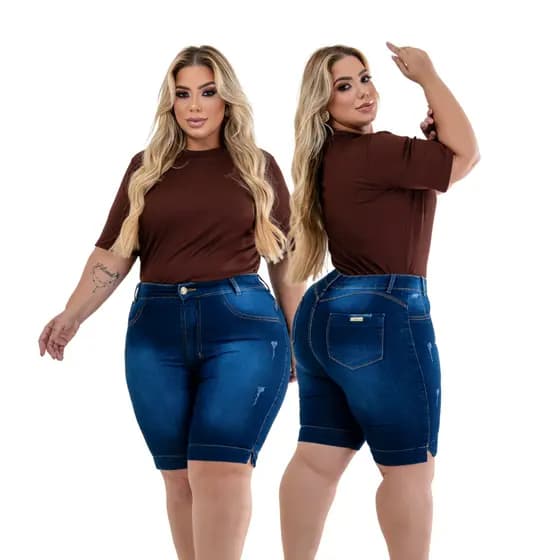 Short Jeans Feminino Escura Bermuda para o Carnaval Plus Size Cintura Alta Levanta Bumbum Curve Premier