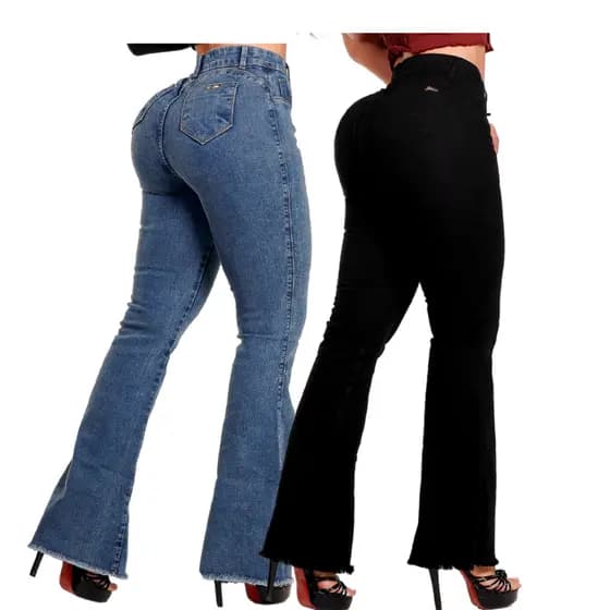 Kit 02 Calças Flare Jeans Feminina Amaciada e Preta Boca de Sino Cós Super Alto Empina BumBum