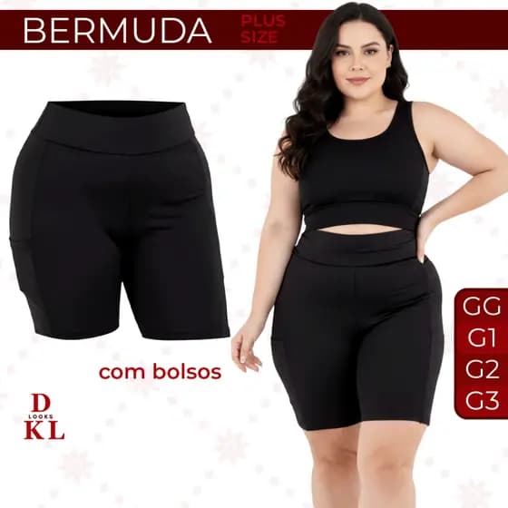 Shorts Bermuda Feminina Plus Size Suplex Cintura Alta Grossa Com Bolsos Academia GG ao G3