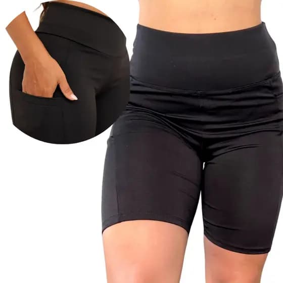 2 Shorts Bermuda Feminina Com Bolso Lateral Preto Short Meia Coxa Suplex