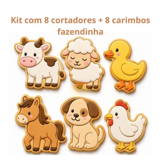 kit 6 cortador de biscoito com marcador carimbo, molde no tema fazendinha, para biscoitos, massinha, lembrancinha