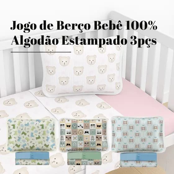 Jogo de Cama Berço 3 Peças Algodão Estampado para Bebê – Macio e Respirável