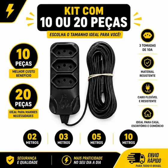 Kit com 10 ou 20 Extensão Tripolar Bivolt 2 3 5 E 10 Metros (10A - Cor Preta -110/220V - 03 tomadas)