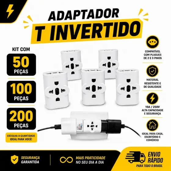 Kit 50/100/200 Adaptador Tomada Benjamin T Invertido Bivolt 110/220 Plug 10A 03 Entradas 10A/20A Branca
