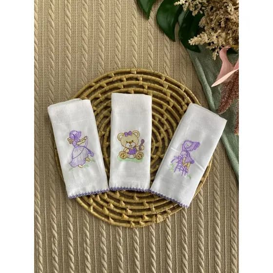 Babete de Boca Bebê Menina 30x30 Algodão Hipoalergênico Kit 3 Bordados
