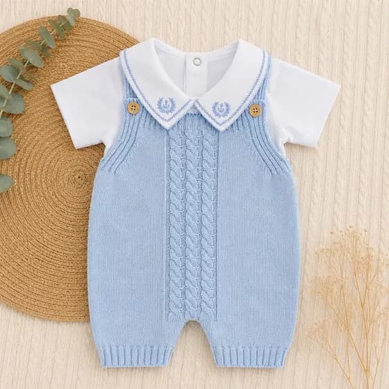 Conjunto Bebê Menino Jardineira Tricô E Body 100% Algodão