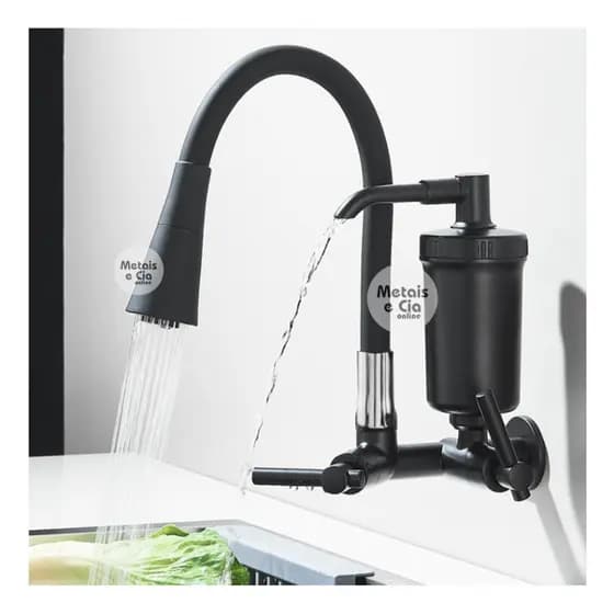 TORNEIRA DE COZINHA PAREDE com Filtro / Chuveirinho Cone Preto 2 Jatos