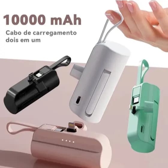 Mini Banco De Potência Portátil 10000mAh Com 2 Portas Tipo C/Lightning