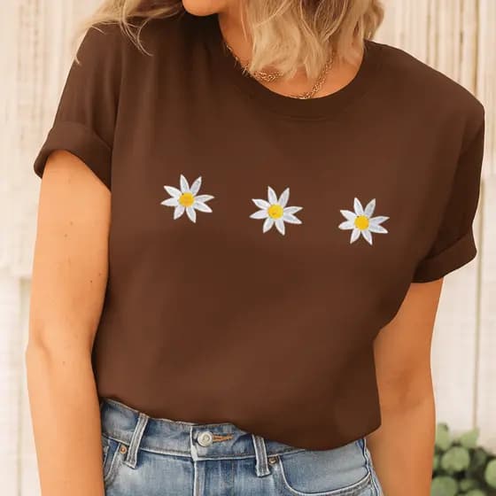 Camiseta Margarida Girassol Algodão Camisa Tecido Confortavel