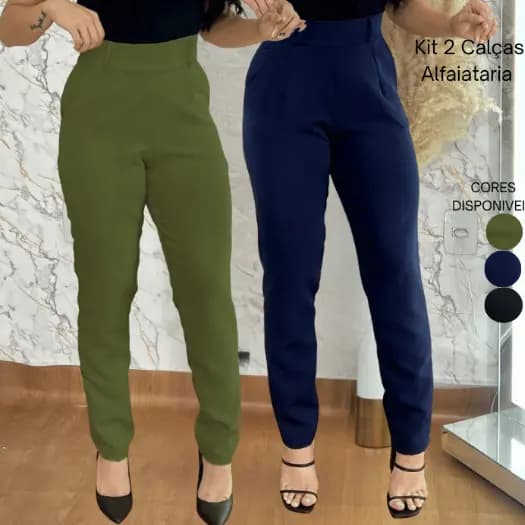 Kit 2 Calças Femininas Alfaiataria Elegante Cintura Alta Bolsos Premium Trabalho Social