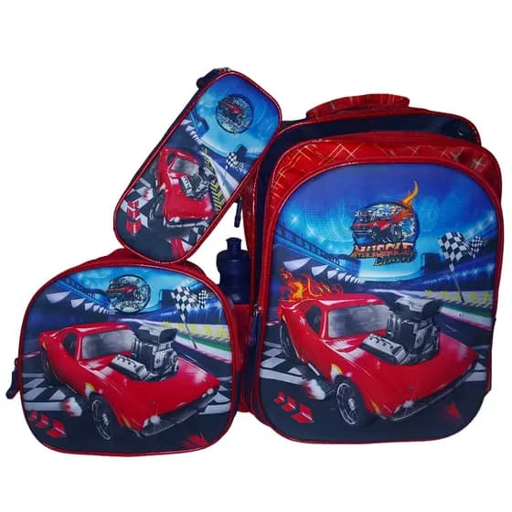 Mochila Escolar Infantil Carro com LED - Kit 3 Peças com Lancheira Térmica e Estojo