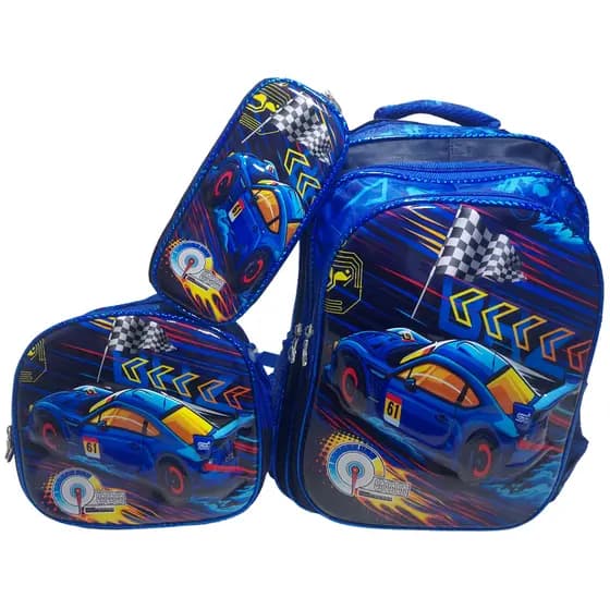 Mochila Escolar Carro Azul Infantil Menino - Kit 3 em 1 com Lancheira Térmica e Estojo