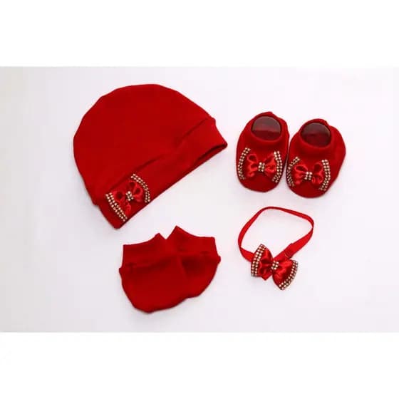 KIT ACESSORIOS BEBE COM TOUCA LUVAS SAPATINHO E PREGADOR DE CHUPETA TEMA LAÇO STRASS