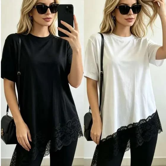 Camiseta Feminina em Malha com Barra de Renda