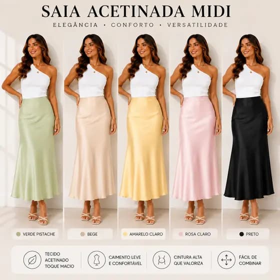 Saia Midi Feminina Acetinada Cintura Alta Corte em Viés Elegante Cetim Casual