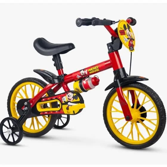 Bicicleta Infantil Mickey - Aro 12 Com Rodinhas de Equilíbrio + Garrafinha de Água e Protetor Para Corrente