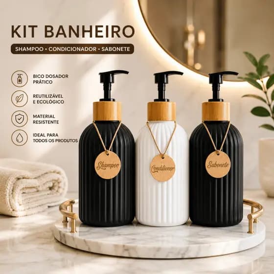 Frasco Reutilizável Premium Sabonete Shampoo Condicionadores 500ml | Tampa de Bambu Natural