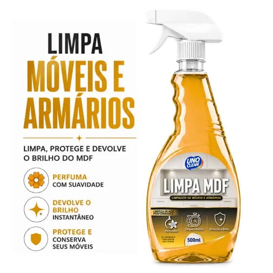 Limpa MDF 500ml Spray Perfumado Limpeza Rápida Móveis Armários Remove Sujeira Gordura Sem Danificar