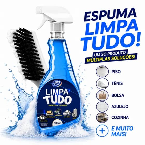 Espuma Limpa Tudo 500ml + Escova Anatômica Limpa Sofá Carpete Bolsa Tênis Piso Azulejo Cozinha Carro